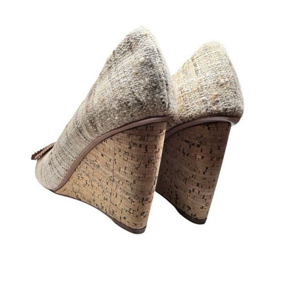 $995 PRADA TWEED BEIGE BROWN CORK WEDGE PEEP TOE SHOES WITH LEATHER BOW 39 - Picture 5 of 9